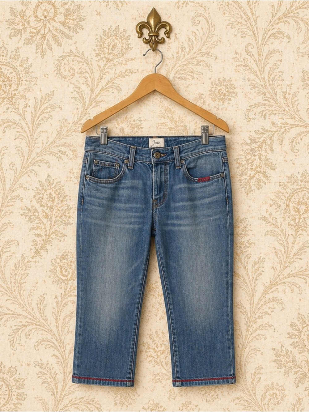 Joie Cropped Capri Jeans Size 30 Blue Denim Red Stitch Hem Casual Boho Chic